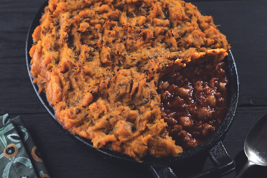 Vegetarian Sweet Potato Cottage Pie, made with Quorn Mince, apricots, chickpeas and served in a casserole dish.