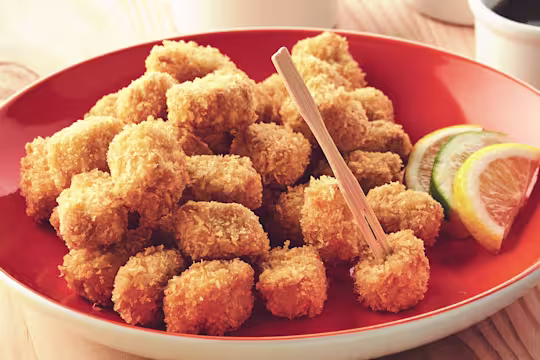 A plate piled high with breaded popcorn bites made with Quorn Pieces with citrus wedges on the side for serving.