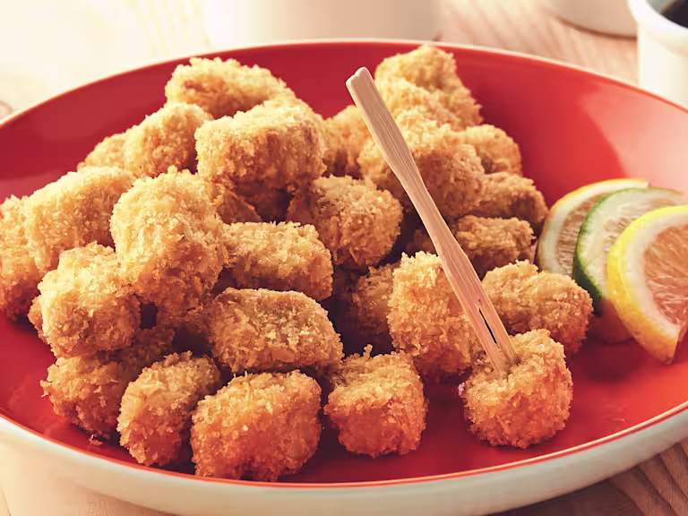 A plate piled high with breaded popcorn bites made with Quorn Pieces with citrus wedges on the side for serving.