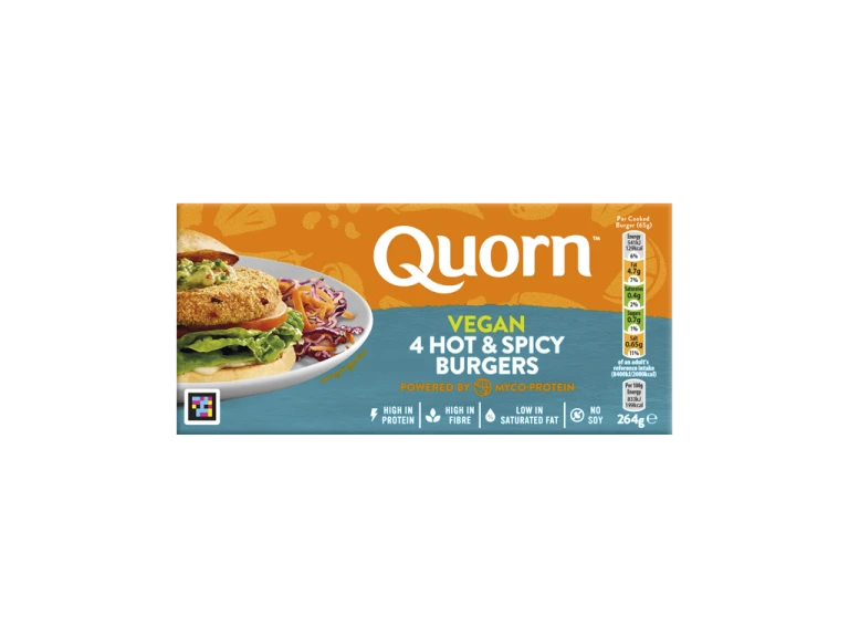 Quorn Vegan Hot & Spicy Burgers packaging with nutritional information.