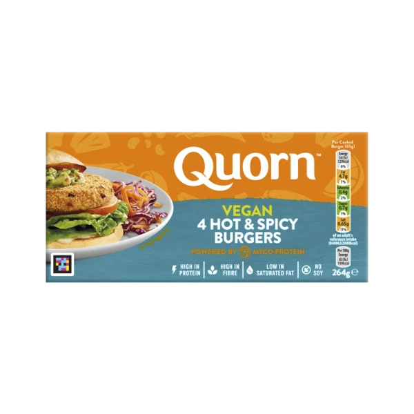 Quorn Vegan Hot & Spicy Burgers packaging with nutritional information.