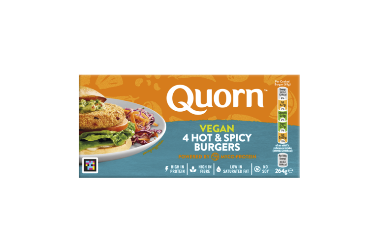 Quorn Vegan Hot & Spicy Burgers packaging with nutritional information.