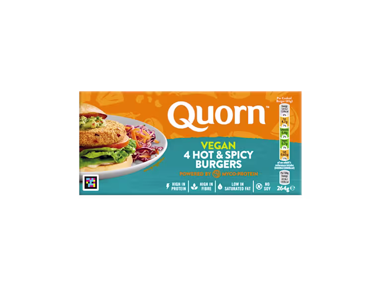 Quorn Vegan Hot & Spicy Burgers packaging with nutritional information.