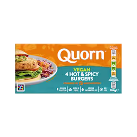Quorn Vegan Hot & Spicy Burgers packaging with nutritional information.