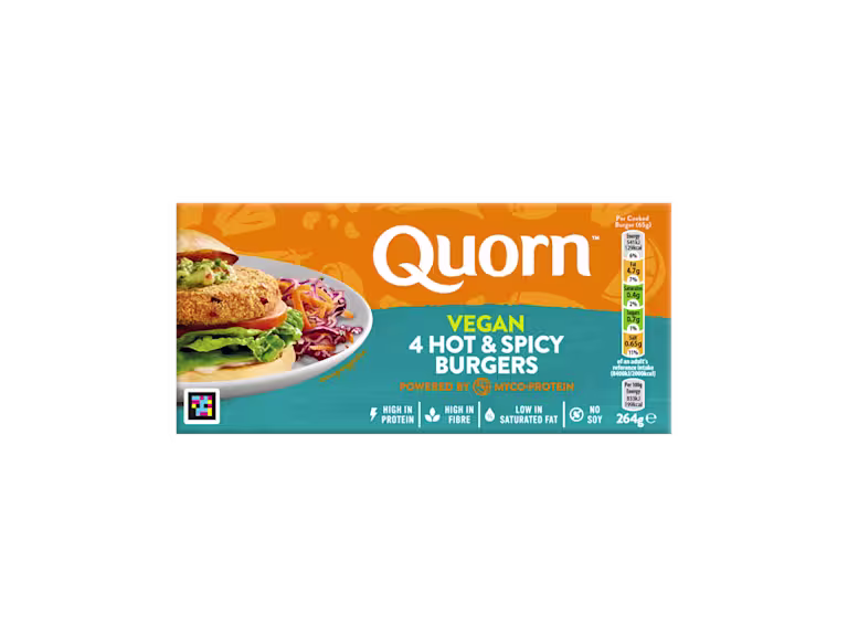 Quorn Vegan Hot & Spicy Burgers packaging with nutritional information.