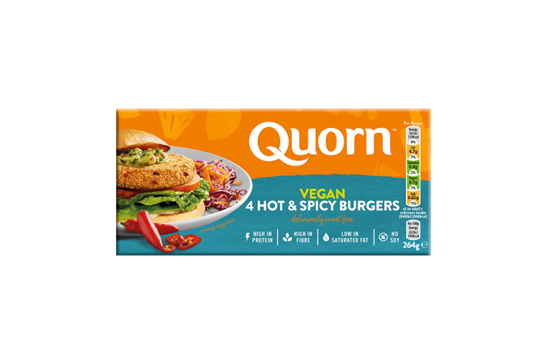 Quorn Vegan Hot & Spicy Burgers packaging with nutritional information.