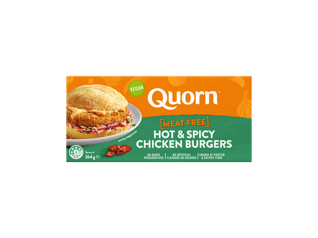Quorn Vegan Hot & Spicy Burgers packaging with nutritional information.