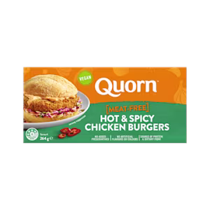 Quorn Vegan Hot & Spicy Burgers packaging with nutritional information.