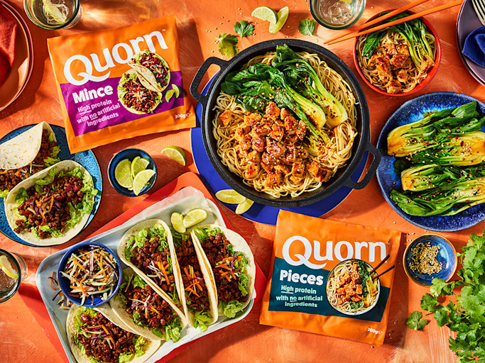 Quorn Mince and Pieces on a table with recipes featuring the products