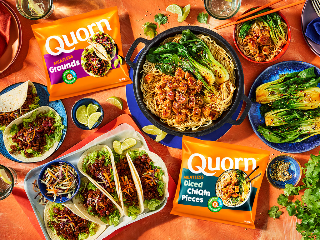 High Protein Quorn Grounds and Chiqin Pieces on a table with recipes featuring the products