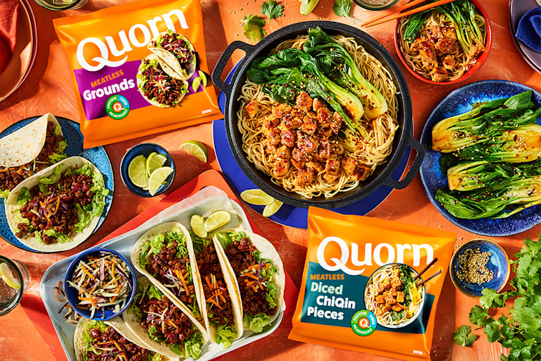 High Protein Quorn Grounds and Chiqin Pieces on a table with recipes featuring the products