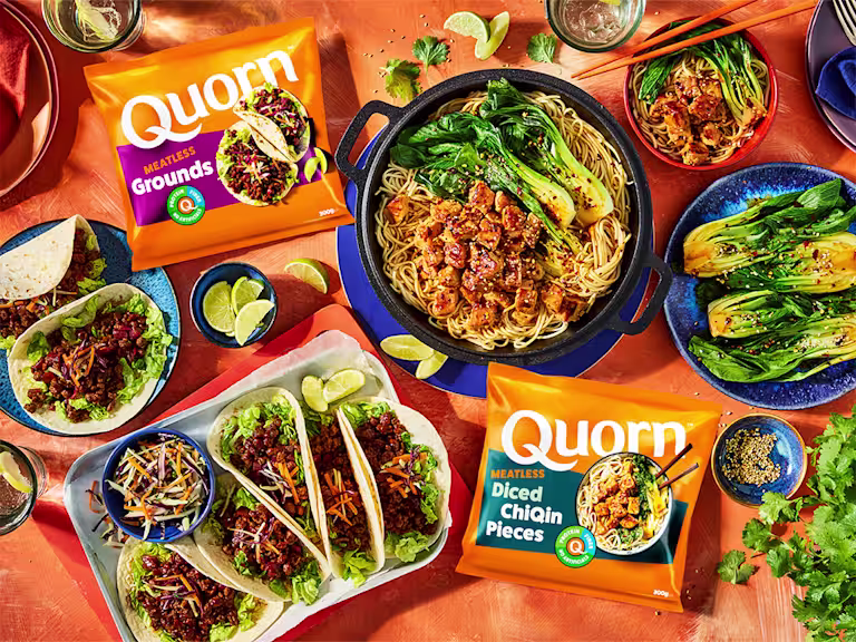 High Protein Quorn Grounds and Chiqin Pieces on a table with recipes featuring the products