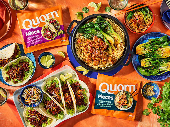 High protein Quorn Mince and Pieces on a table with recipes featuring the products