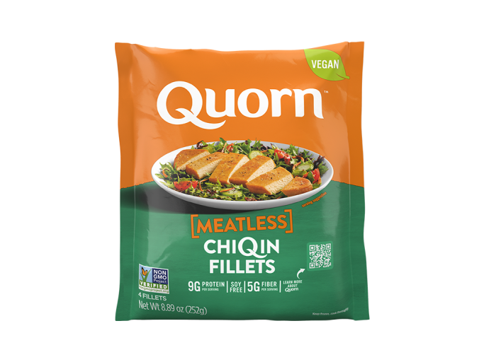 A bag of Quorn Meatless Vegan Fillets showing the plated product and information on an orange and charcoal background.