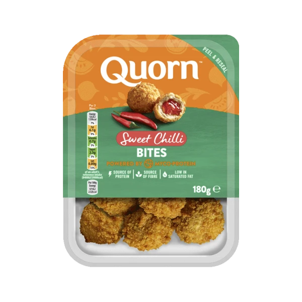 A packet of Quorn Sweet Chilli Bites showing the prepared product and information on an orange and sage green background.