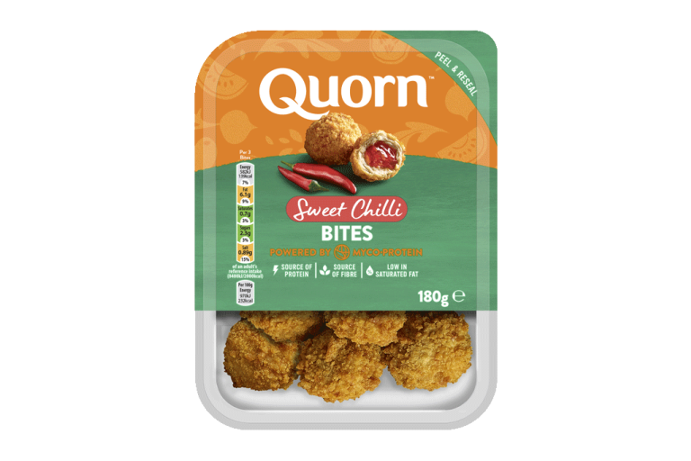 A packet of Quorn Sweet Chilli Bites showing the prepared product and information on an orange and sage green background.