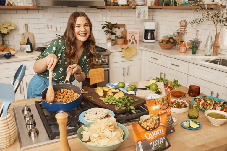 Drew Barrymore cooking in the kitchen with Quorn