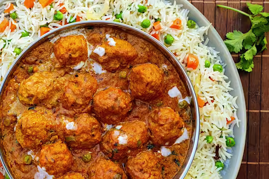 A shahi kofta masala curry made with Quorn Swedish Style Balls in a dish atop a bed of pulao rice.