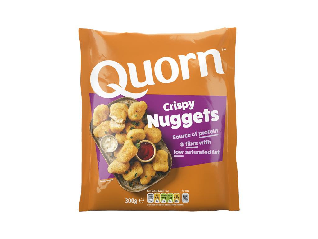 A bag of Quorn Crispy Nuggets showing the prepared product and information on an orange and green background.