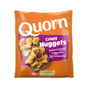 A bag of Quorn Crispy Nuggets showing the prepared product and information on an orange and green background.