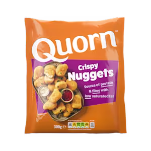 A bag of Quorn Crispy Nuggets showing the prepared product and information on an orange and green background.
