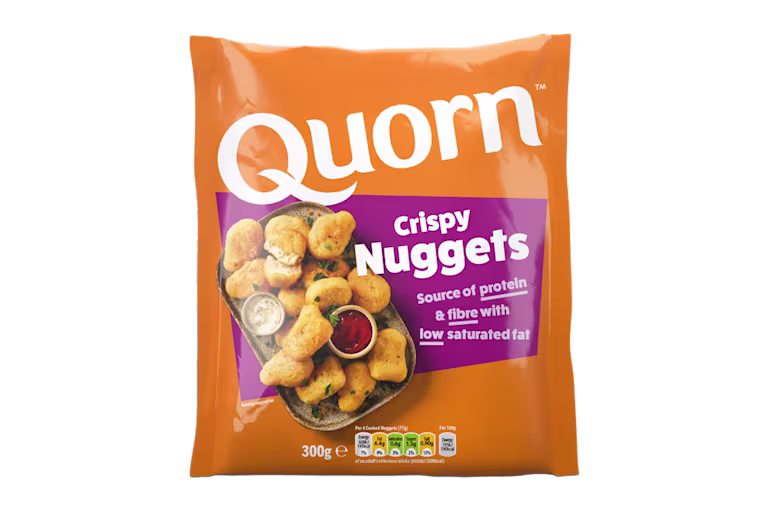 A bag of Quorn Crispy Nuggets showing the prepared product and information on an orange and green background.