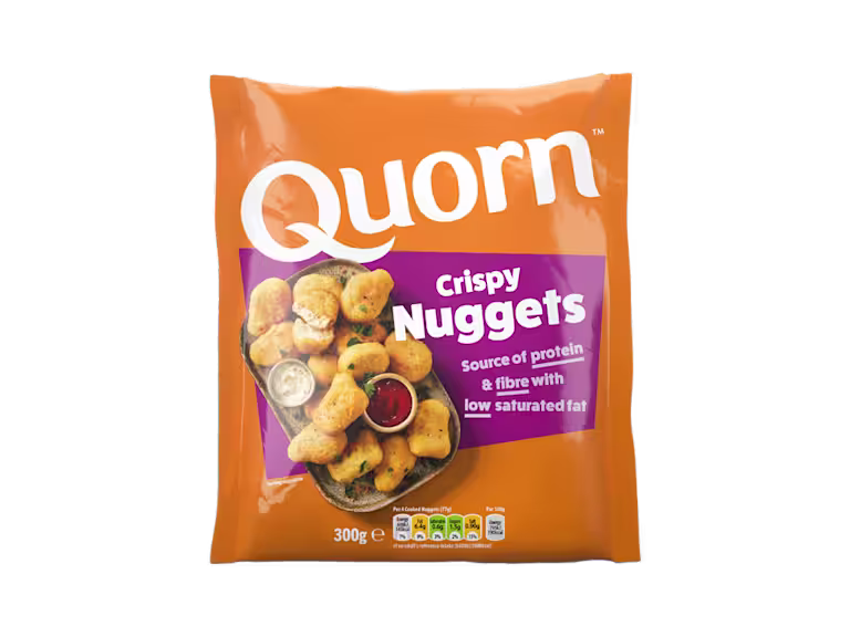 A bag of Quorn Crispy Nuggets showing the prepared product and information on an orange and green background.