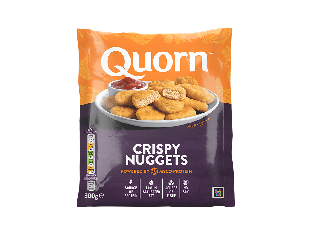 A bag of Quorn Crispy Nuggets showing the prepared product and information on an orange and green background.