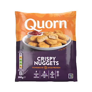 A bag of Quorn Crispy Nuggets showing the prepared product and information on an orange and green background.