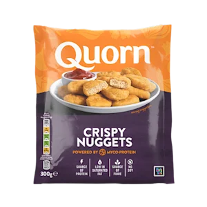 A bag of Quorn Crispy Nuggets showing the prepared product and information on an orange and green background.