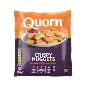 A bag of Quorn Crispy Nuggets showing the prepared product and information on an orange and green background.