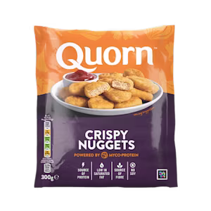 A bag of Quorn Crispy Nuggets showing the prepared product and information on an orange and green background.