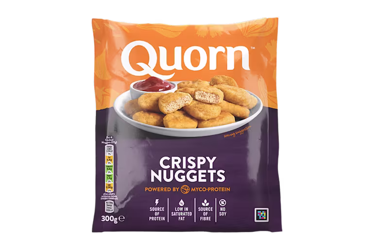 A bag of Quorn Crispy Nuggets showing the prepared product and information on an orange and green background.