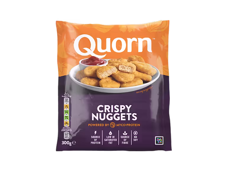 A bag of Quorn Crispy Nuggets showing the prepared product and information on an orange and green background.