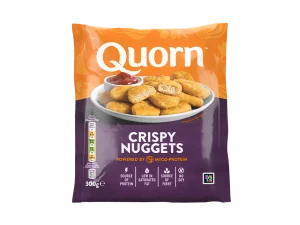 A bag of Quorn Crispy Nuggets showing the prepared product and information on an orange and green background.