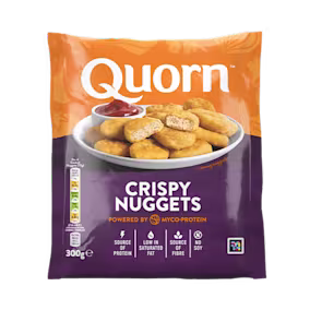 A bag of Quorn Crispy Nuggets showing the prepared product and information on an orange and green background.