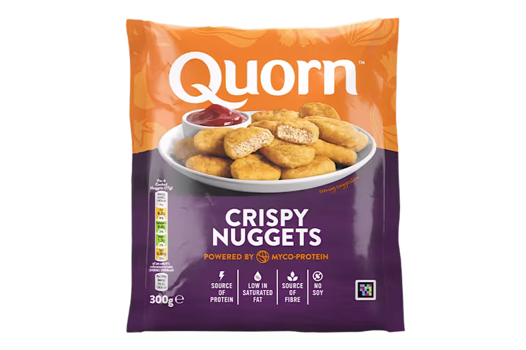 A bag of Quorn Crispy Nuggets showing the prepared product and information on an orange and green background.