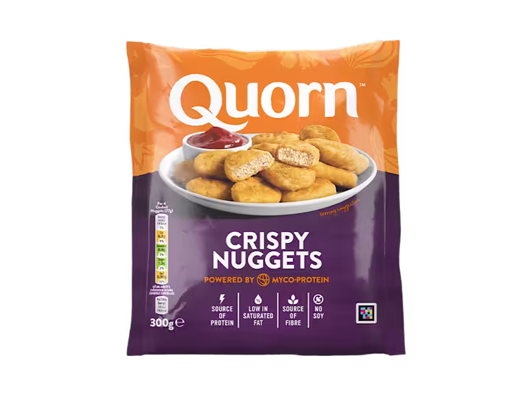 A bag of Quorn Crispy Nuggets showing the prepared product and information on an orange and green background.