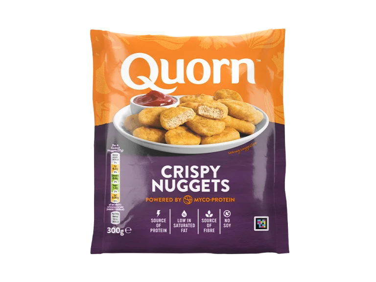 A bag of Quorn Crispy Nuggets showing the prepared product and information on an orange and green background.