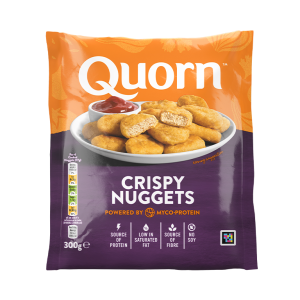 A bag of Quorn Crispy Nuggets showing the prepared product and information on an orange and green background.