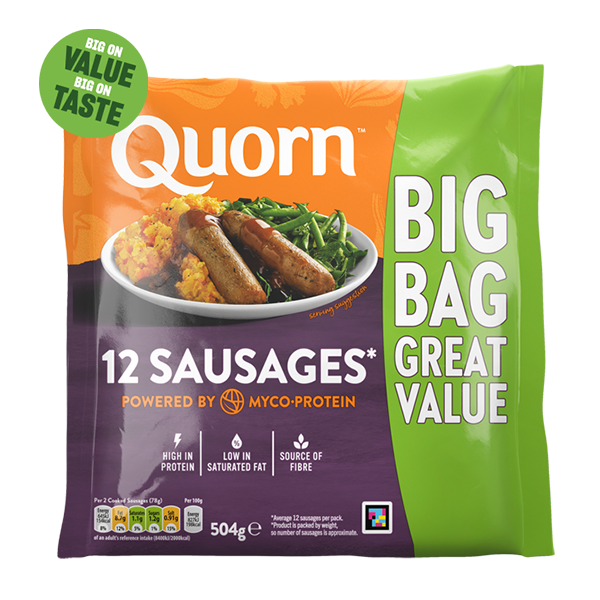 A bag of Quorn Sausages showing the prepared product and information on an orange and charcoal background.