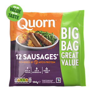 A bag of Quorn Sausages showing the prepared product and information on an orange and charcoal background.