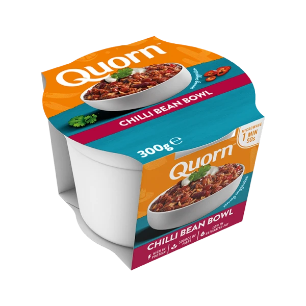 Meat free Quorn Chilli Bean Bowl ready meal product packaging with nutritional information