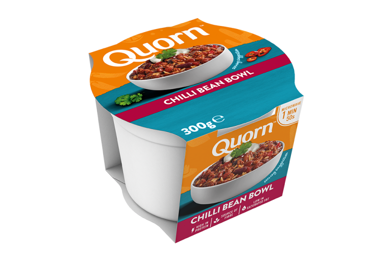 Meat free Quorn Chilli Bean Bowl ready meal product packaging with nutritional information