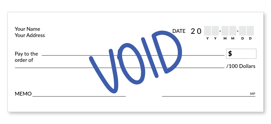 Example of a void cheque in Canada with “VOID” written across the front to prevent it from being deposited.