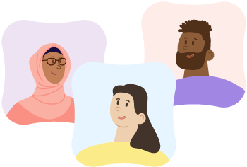 Three cartoon people: one woman wearing a pink hijab, one black man with a beard and purple t-shirt, and one white woman with long dark hair.