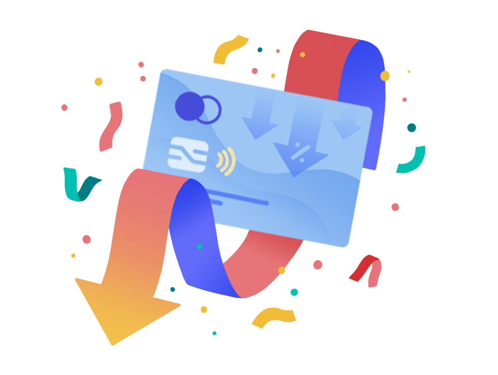 Credit card with a downward arrow representing low interest