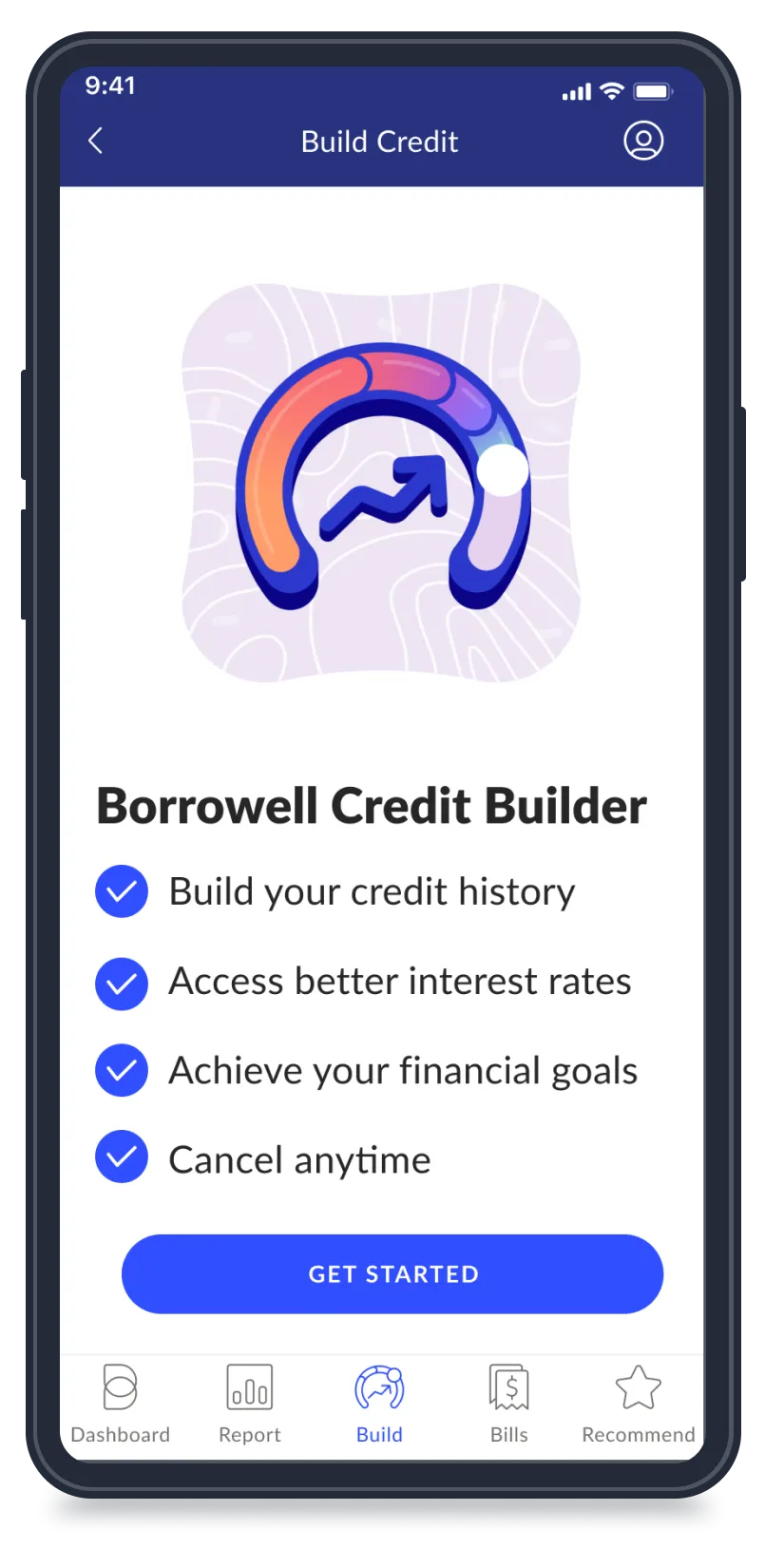 A phone screen that reads 'Borrowell Credit Builder' at the top. Underneath, there is a list with checkmarks next to each item. The list reads: Build your credit history, $10 per month, Access better interest rates, Achieve your financial goals. Under the list, a blue button reads 'Get Started'. 