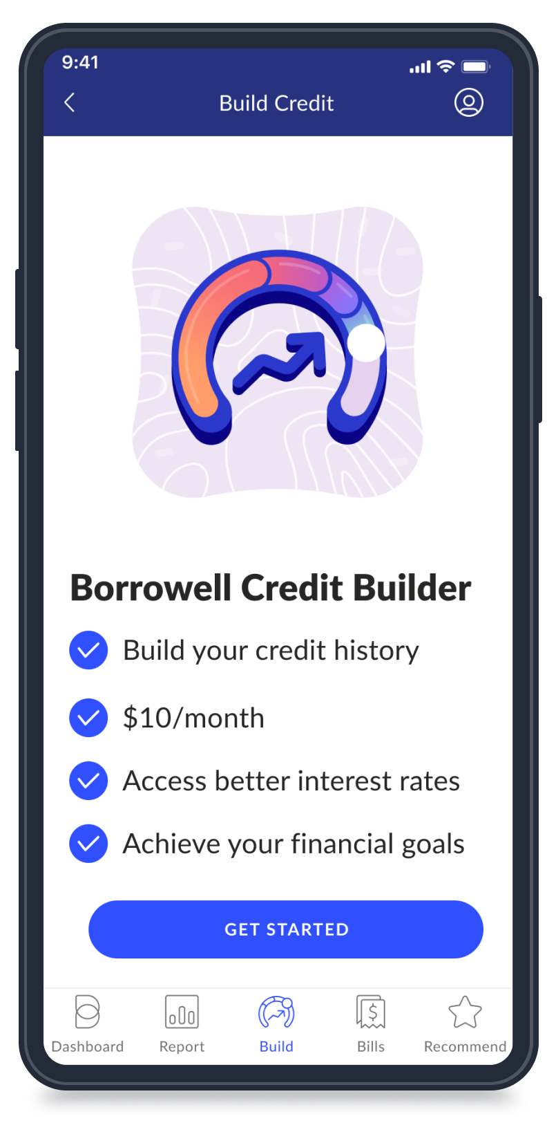 A phone screen that reads 'Borrowell Credit Builder' at the top. Underneath, there is a list with checkmarks next to each item. The list reads: Build your credit history, $10 per month, Access better interest rates, Achieve your financial goals. Under the list, a blue button reads 'Get Started'. 
