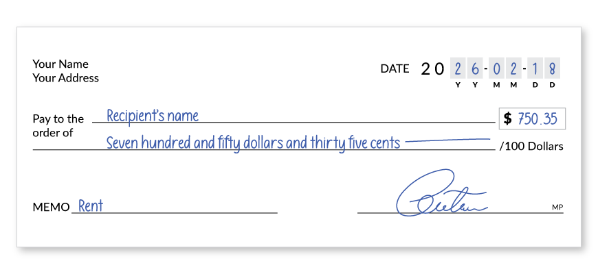 Example of a completed Canadian cheque showing where to write the date, payee name, amount in numbers and words, memo, and signature.